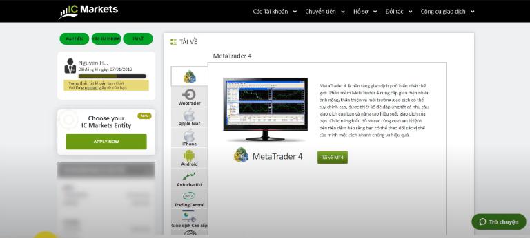 Tải MT4 về máy tính trên sàn ICMarkets